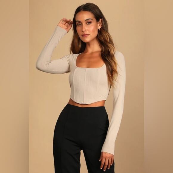 Lulus Cream Ribbed Bustier Crop Top Womens M Minimalist Neutral Clean Girl - Picture 1 of 6